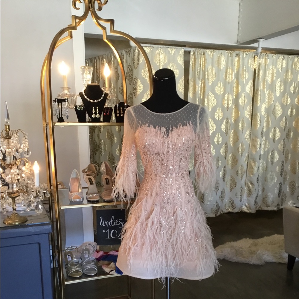 Tony Bowls Blush Pink Feather Mini Dress